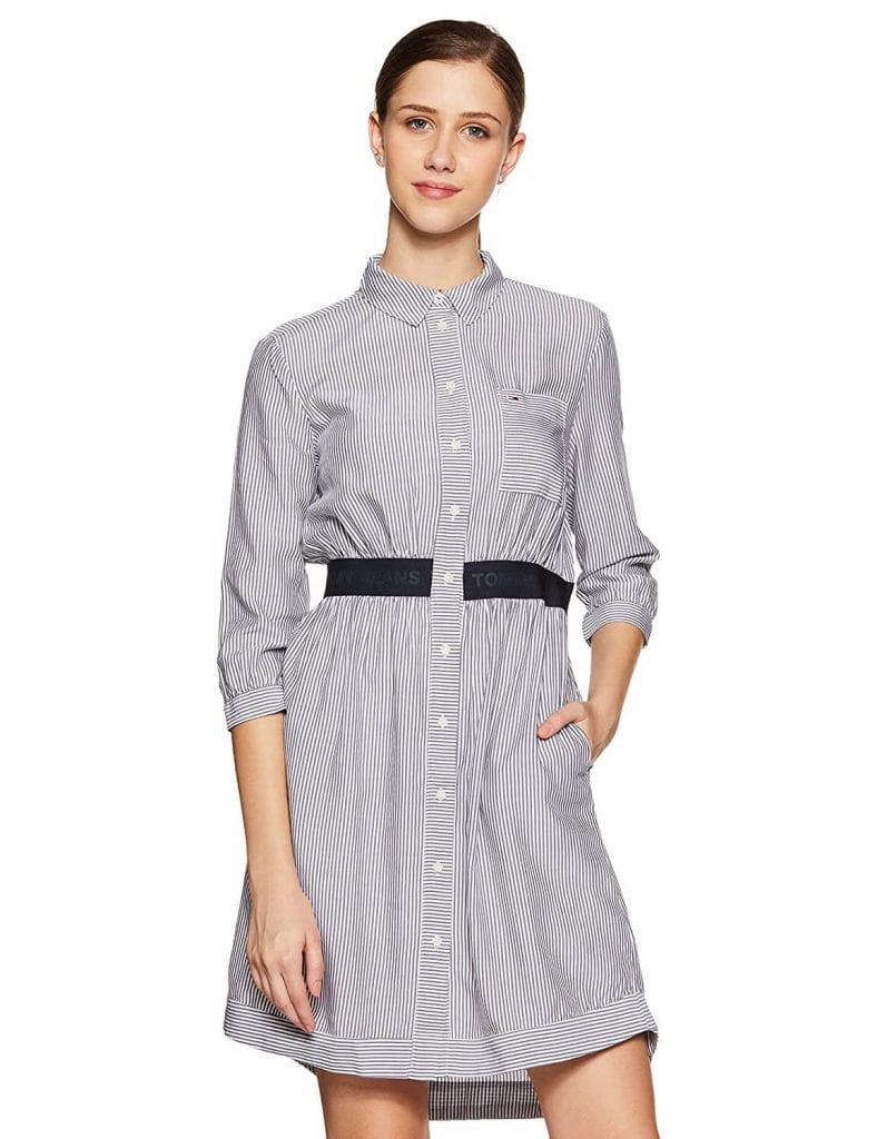 A girl wearing Striped Shirt Dress